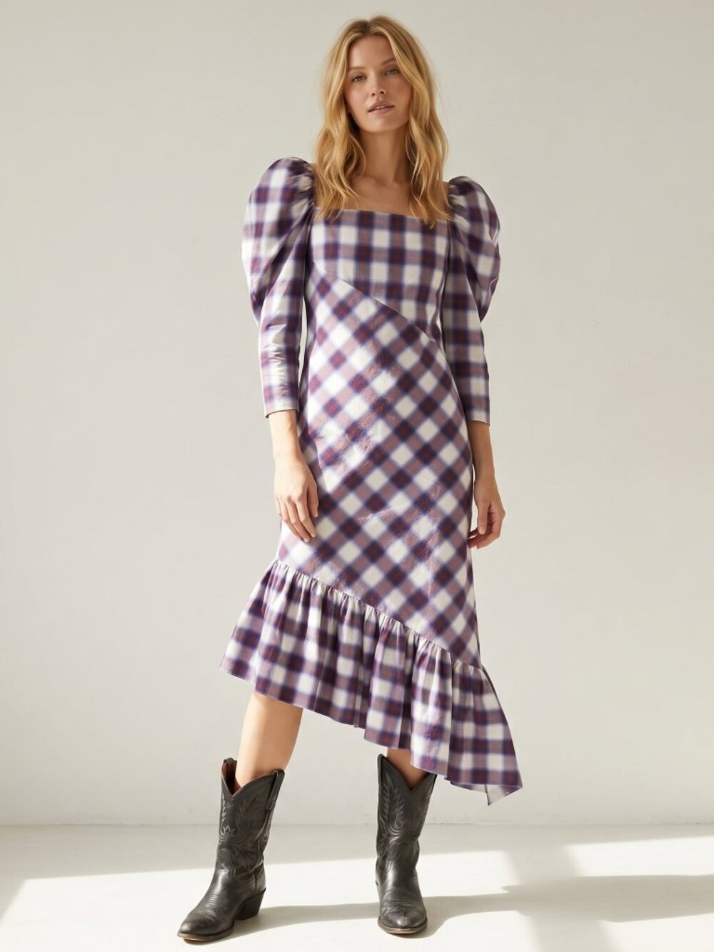 NWT PushButton ASYMMETRIC RUFFLED CHECKED COTTON-POPLIN MIDI DRESS Size Small